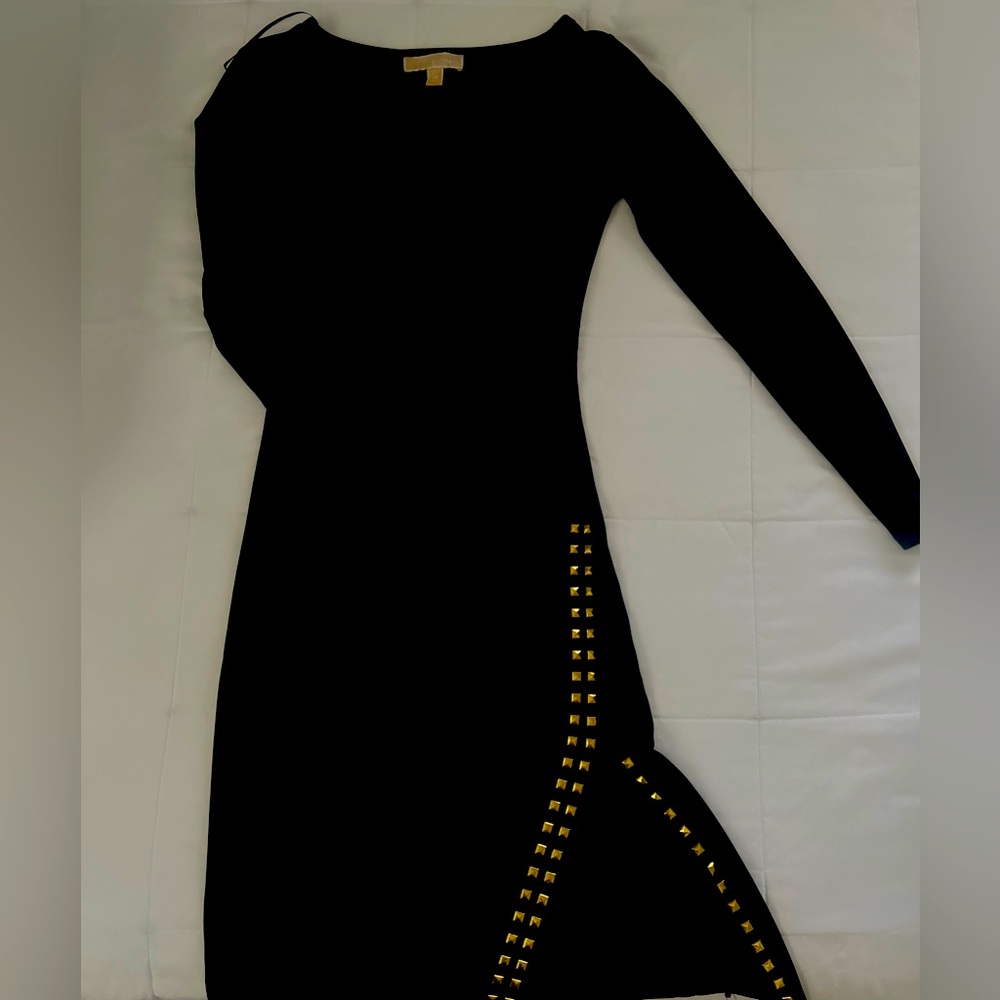 Michael Kors long sleeve gold studded side slit dress